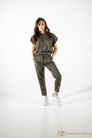 Khaki short sleeve boxy top and joggers | Uniquely Sophia's