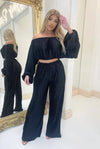 Model Wears Black Satin Plisse Bardot Trouser Co - Ord 