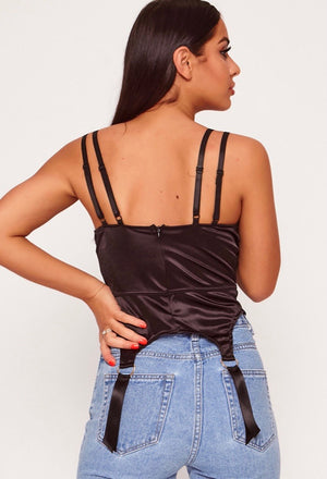 Black Stretch Satin Underwired Lace Cup Corset Top | Uniquely Sophia's