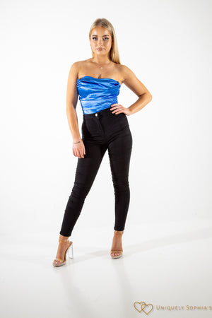 Blue cowl neck  satin bodysuit | Uniquely Sophia's
