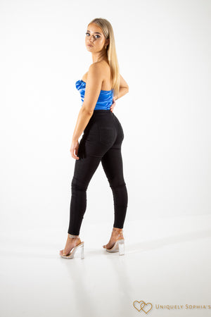 Blue cowl neck  satin bodysuit | Uniquely Sophia's