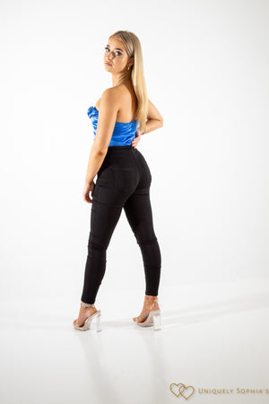 Blue cowl neck  satin bodysuit | Uniquely Sophia's