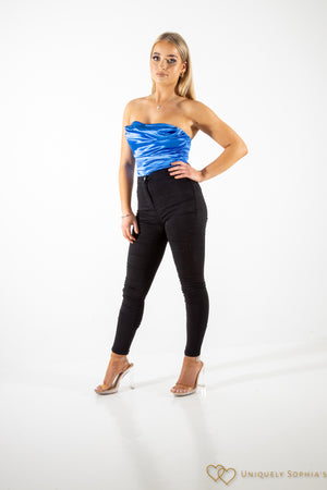 Blue cowl neck  satin bodysuit | Uniquely Sophia's