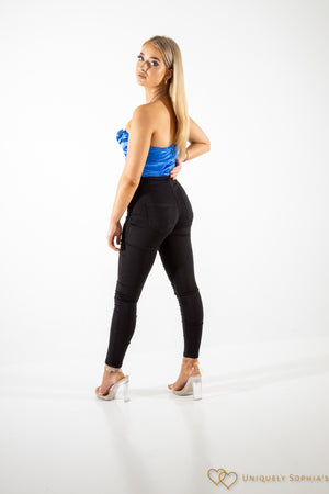 Blue cowl neck  satin bodysuit | Uniquely Sophia's