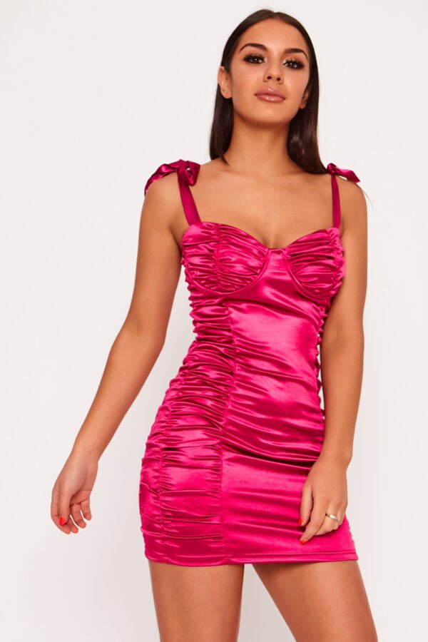 Model Wears Pink Satin Mini Dress 