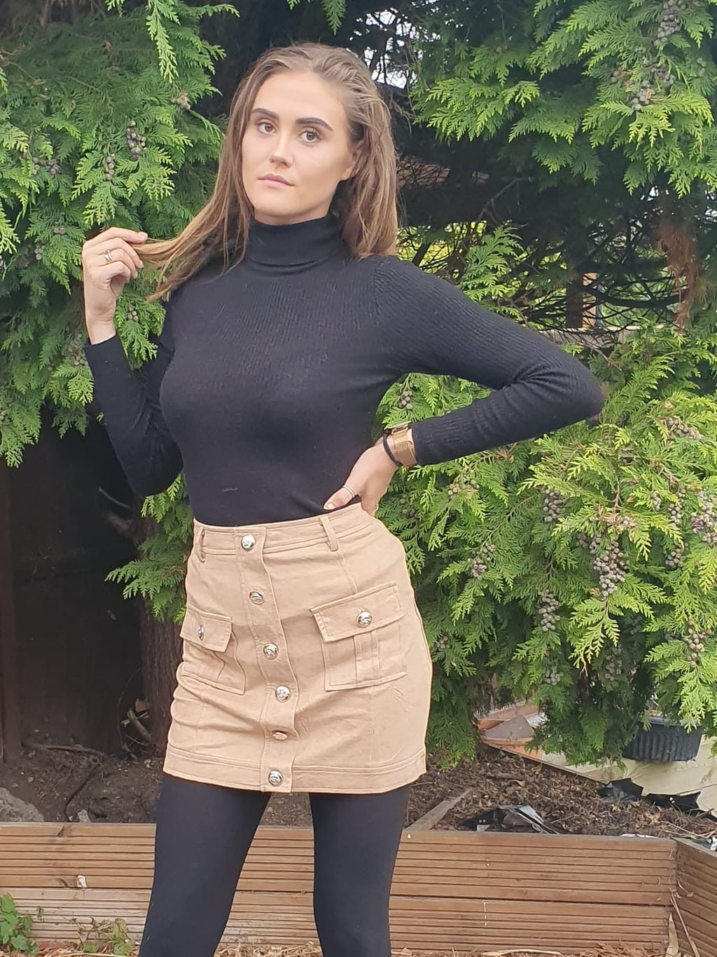 Model wears Tan Suedette Mini Skirt | Uniquely Sophia's