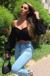 Black Shirring Detail Long Sleeve Bardot  Crop Top | Uniquely Sophia's