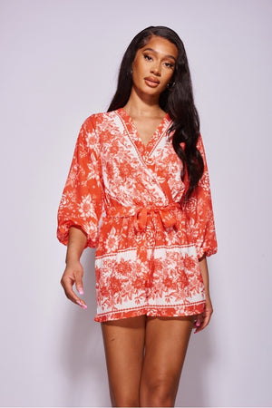Coral Floral Balloon Sleeve Belted Playsuit | Uniquely Sophia's