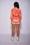 Coral Floral Balloon Sleeve Belted Playsuit