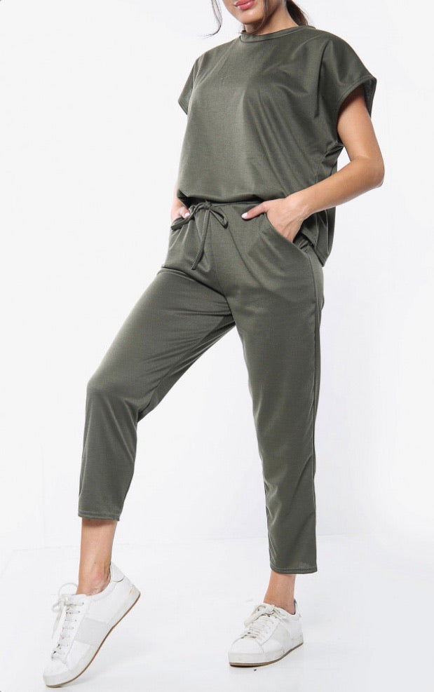 Khaki short sleeve boxy top and joggers | Uniquely Sophia's