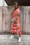 Red White Short Sleeve Floral Print Midaxi Dress