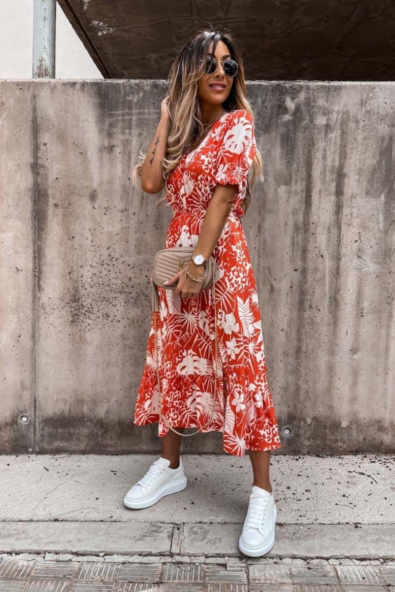 Red White Short Sleeve Floral Print Midaxi Dress Uniquely Sophia s