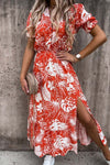Red White Short Sleeve Floral Print Midaxi Dress | Uniquely Sophia's