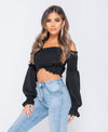 Black Shirring Detail Long Sleeve Bardot  Crop Top | Uniquely Sophia's