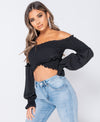 Black Shirring Detail Long Sleeve Bardot  Crop Top | Uniquely Sophia's