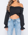 Black Shirring Detail Long Sleeve Bardot  Crop Top | Uniquely Sophia's