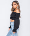 Black Shirring Detail Long Sleeve Bardot  Crop Top | Uniquely Sophia's