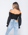 Black Shirring Detail Long Sleeve Bardot  Crop Top | Uniquely Sophia's